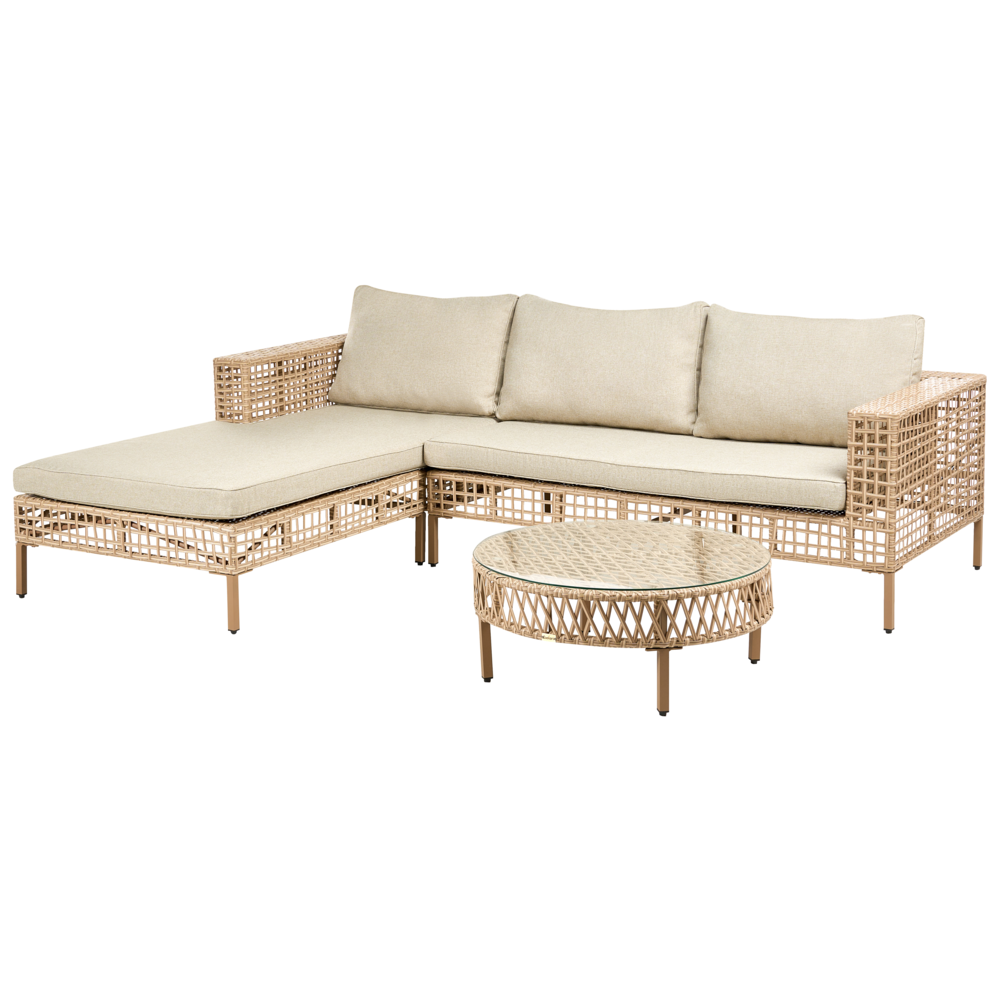 Set da giardino lato destro beige in rattan PE a 4 posti con cuscini tavolino e poltrona