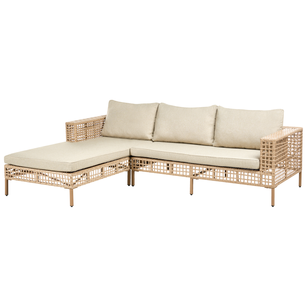 Set da giardino lato destro beige in rattan PE a 4 posti con cuscini tavolino e poltrona