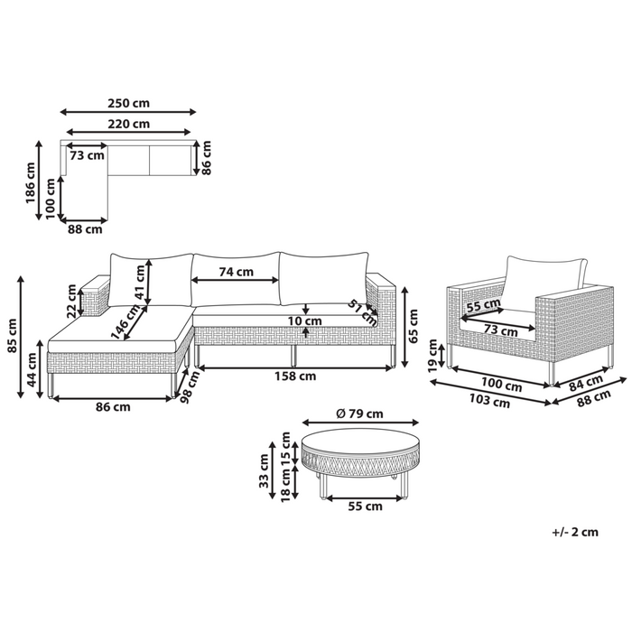Set da giardino lato destro beige in rattan PE a 4 posti con cuscini tavolino e poltrona