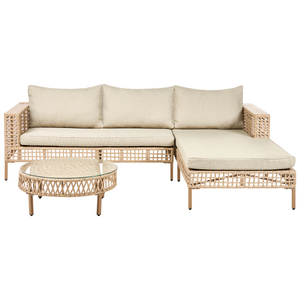 Set da giardino lato sinistro beige in rattan PE a 4 posti con cuscini tavolino e poltrona