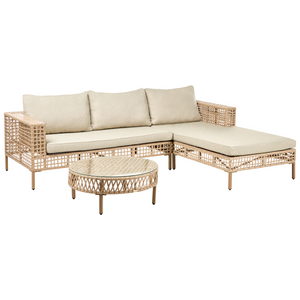 Set da giardino lato sinistro beige in rattan PE a 4 posti con cuscini tavolino e poltrona