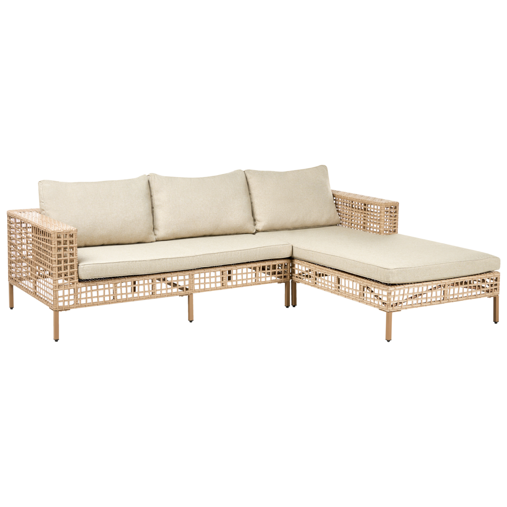 Set da giardino lato sinistro beige in rattan PE a 4 posti con cuscini tavolino e poltrona