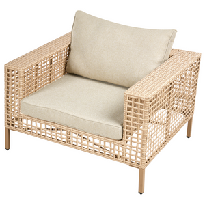 Set da giardino lato sinistro beige in rattan PE a 4 posti con cuscini tavolino e poltrona