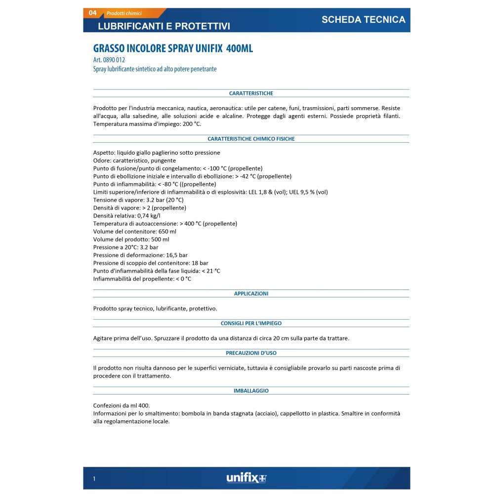Unifix grasso incolore 400ml lubrificante spray atossico per parti meccaniche in movimento