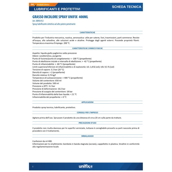 Unifix grasso incolore 400ml lubrificante spray atossico per parti meccaniche in movimento