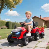 Trattore Elettrico per Bambini con Rimorchio Estraibile Batteria 12V Velocità 3-5 km/h, Telecomando 2,4G Rosso