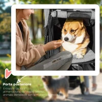 2 in 1 Passeggino per Cani Pieghevole a 3 Ruote con Freno, Cestino Portaoggetti e Porta Bottiglia, in Acciaio e Oxford, Grigio e Nero, 109.5x57.5x106.5cm