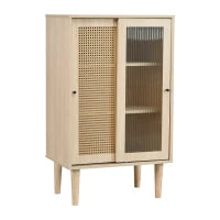 Credenza moderna in Legno con Ante Scorrevoli in Vetro e Rattan Sintetico a 6 ripiani Interni, color Quercia