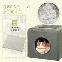 Casetta per Gatti a 2 Livelli con Cuscino in Peluche, in Legno, Poliestere e Plastica, 36.5x36.5x33 cm, Verde