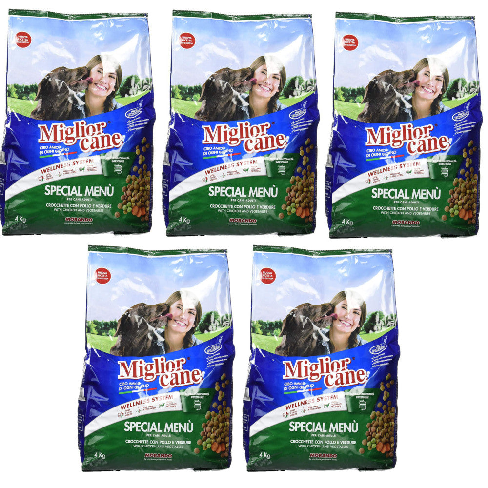 Multipack da 5 pz di croccantini morando linea miglior cane special menu' gusto zuppa confezione da 4 kg