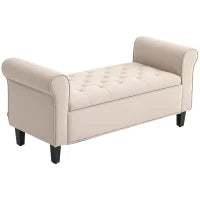 Panca Fondo Letto in Tessuto Vellutato con Spazio Portaoggetti e Braccioli, 126x48.5x57 cm, Beige