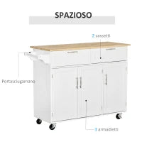 Carrello da Cucina Multiuso in Legno con 2 Cassetti, 3 Antine e 4 Ruote 121x46x91cm - Bianco