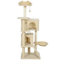 Tiragraffi per Gatti 140 cm con Piattaforme Letto, 2 Casette, Amaca, Scala e Pali in Sisal, Beige