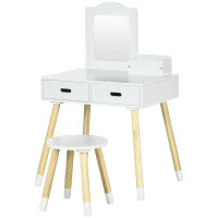 Set Toeletta per Bambini con Tavolo Trucco e Sgabello, Specchio e 2 Cassetti, Bianco e Colore Legno