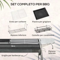 Barbecue a Carbonella con Griglia e Piastra di Cottura, Cestino e Ripiani, 107x63x75cm, Nero
