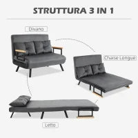 Divano Letto 3 in 1 in Tessuto Effetto Velluto con Schienale Regolabile e 2 Cuscini, 102x73x81 cm, Grigio Scuro