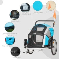Carrello Trasporto Cani sotto i 30kg, Rimorchio Bici per Cani con Porta Anteriore e Posteriore, Finestre a Rete e Tetto Apribile, 150x82x98-108cm