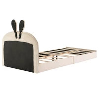 Letto imbottito con testiera a forma di coniglio, letto per bambini con doghe in legno, senza materasso, 90×200 cm, Beige