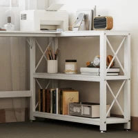 Scrivania ad angolo modulabile reversibile, scrivania con ripiani, ripiano di ripiani, telaio in metallo, 135x110x75cm, bianco