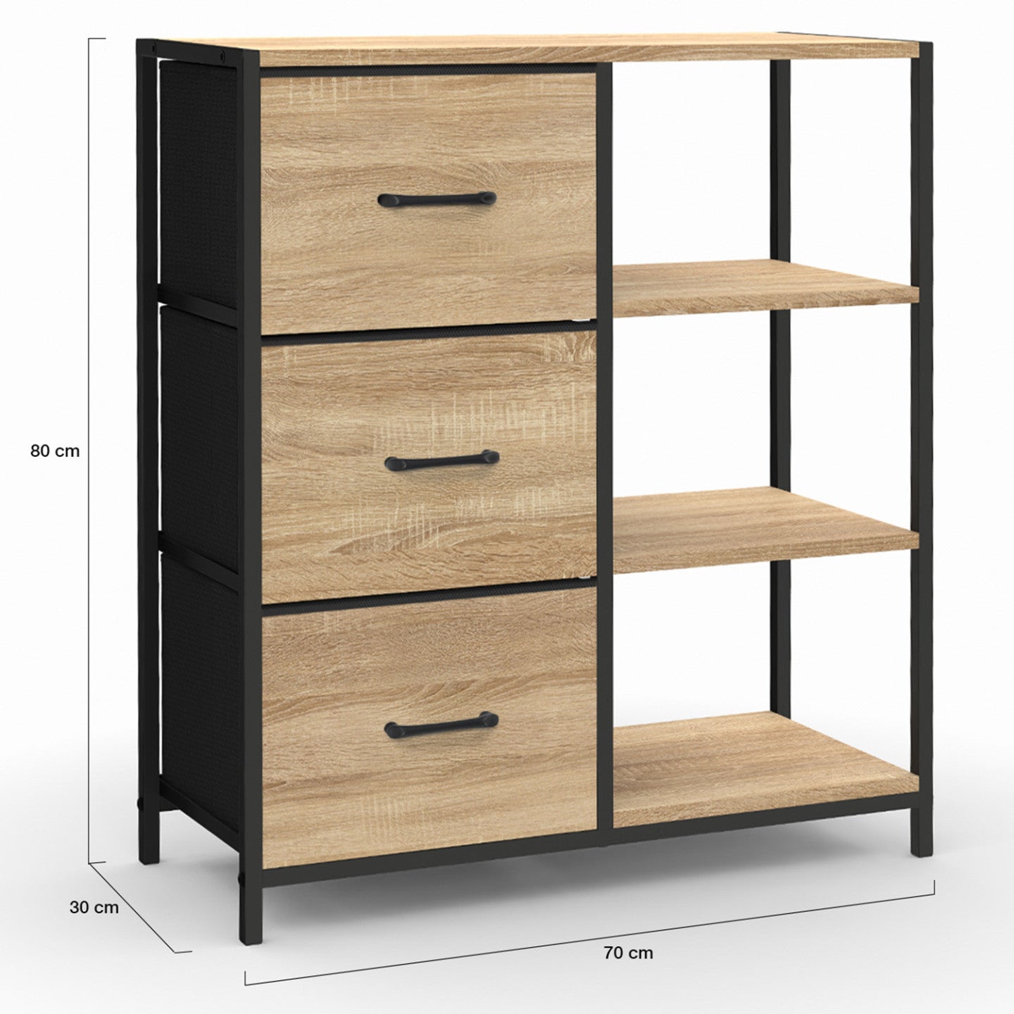 IDMarket - UTAH Aparador de 3 cajones con estantes, diseño industrial, 70 cm