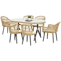Set da Giardino 7 Pezzi in Rattan PE con Tavolo da Pranzo 153x89x74 cm e 6 Sedie 52x62x78 cm con Cuscini