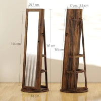 Specchio Portagioie da Terra Girevole a 360° con Ripiani e Chiusura a Chiave, 55x55x161 cm, Marrone Rustico