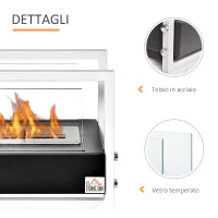 Camino a Bioetanolo Portatile, Biocamino da Tavolo o da Terra in Acciaio e Vetro, Serbatoio da 1.5L, Bianco e Nero