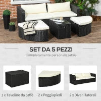 Salotto da Giardino con 2 Poltrone e 2 Poggiapiedi in Rattan PE, Tavolino in Vetro, Nero