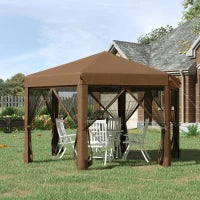 Gazebo da Giardino Pieghevole ed Esagonale con Zanzariera, in Acciaio e Poliestere, 3.2x3.2x2.7 m, Marrone