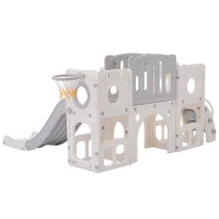 Scivolo Multifunzione 6-in-1 per Bambini con Rampa, Doppia Piattaforma, Armadietti, Canestro e Scala, in Polietilene ad Alta Densità, 174x150x95 cm - Scivolo da Giardino per Bambini, Grigio+Bianco