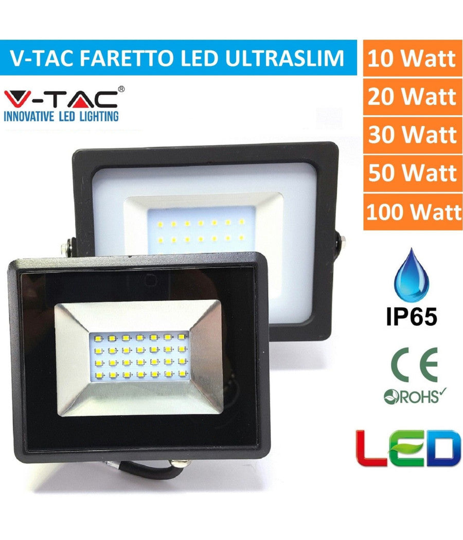 V-tac Faro Faretto Led Smd 10w 20w 30w 50w 100w Slim Da Esterno Ip65 Colore Nero  -bianco Freddo-10 Watt      