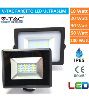 V-tac Faro Faretto Led Smd 10w 20w 30w 50w 100w Slim Da Esterno Ip65 Colore Nero  -bianco Freddo-30 Watt      