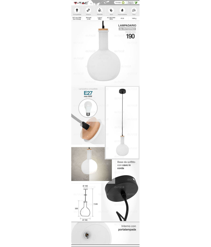 V-tac Vt-7205 Lampadario A Sospensione In Vetro Con Portalampada E27         