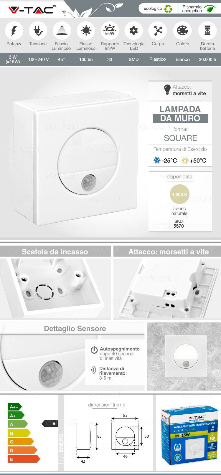 V-TAC VT-884 PORTAFARETTO ORIENTABILE ROTONDO SEMICERCHIO DA INCASSO PER LAMPADINE GU10 E GU5.3 COLORE BIANCO - SKU 8599 - V-TAC