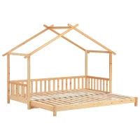 Letto a Casetta Espandibile con Ringhiera su Tre Lati, Letto per Cameretta, Letto Montessori, Senza Materasso, in Legno, 200x90 cm, Naturale