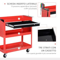 DURHAND Carrello Porta Attrezzi con Manico, Cassetto e 3 Ripiani, in Lamiera di Acciaio, 82x35x76 cm, Rosso