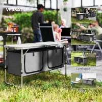 Tavolino da Campeggio Picnic con Base per Cibi e Bevande Altezza Regolabile Pieghevole Alluminio, Legno 120x47x55/62/68cm