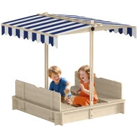 Sabbiera per Bambini in Legno con Tettuccio Parasole, Panca e Coperchio, 106x106x115 cm Bianco e Blu