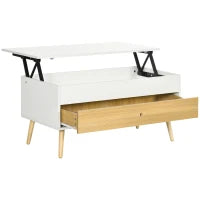 Tavolino Rettangolare con Piano Sollevabile e 1 Cassetto, in Legno, 100L x 50l x 49H cm, Legno Chiaro e Bianco