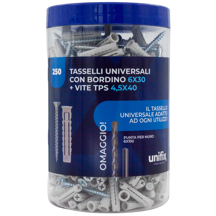 Tassello universale 6x30 con vite tps 4,5x40 e punta muro 8x120 box 250 pezzi