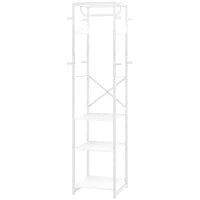 Appendiabiti da Terra con Asta e 2 Ripiani Aperti, in Legno e Acciaio, 38.5x30x170 cm, Bianco e color Legno