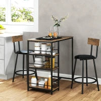 Set da Cucina da 3 Pezzi con Tavolo da Bar e 2 Sedie, con Mensole Laterali, MDF, Metallo, Nero