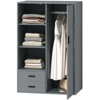 Armadio Moderno con 2 Cassetti, Ripiani Aperti e Vano Appendiabiti, 80x50x124 cm, Grigio Scuro