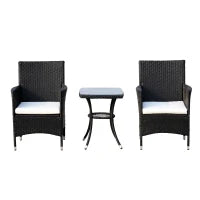 Set Mobili da Giardino in Rattan, Tavolo con 2 Poltroncine con Cuscini, Nero