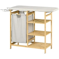 Cestino Portabiancheria in Bambù e Poliestere con Asse da Stiro e Ripiano a 3 Livelli, 113x34x82 cm