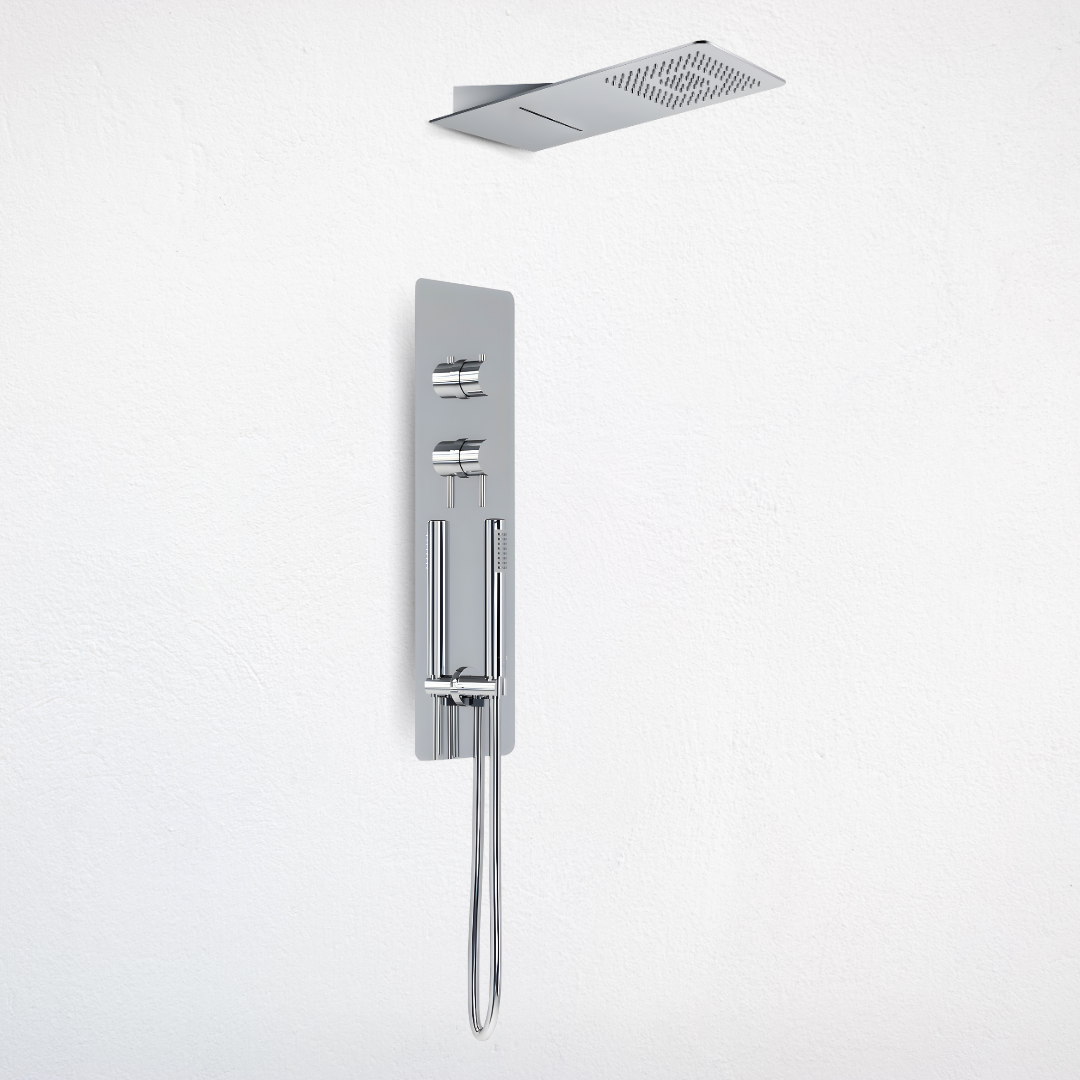 Wall kit a parete da incasso a muro acciaio inox + soffione doccia a parete acciaio inox punta quadrata con cascata