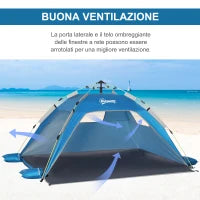 Tenda da Spiaggia Pop Up con Porta a Cerniera, in Poliestere e Fibra di Vetro, 220x173x120 cm, Blu Cielo e Grigio