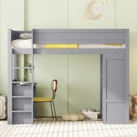 Letto a soppalco per bambini 6+ anni, 90x200 cm, con armadio, scrivania e cassetti, senza materasso, Grigio