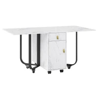 Tavolo da cucina versatile e pieghevole con ruote, con credenza e 2 cassetti, 150x80x76 cm, Bianco e Nero