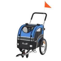 Carrello 2 in 1 Passeggino per Cani e Rimorchio Bici, Ruota Girevole Catarifrangenti e Bandierina 130x58x94cm Blu